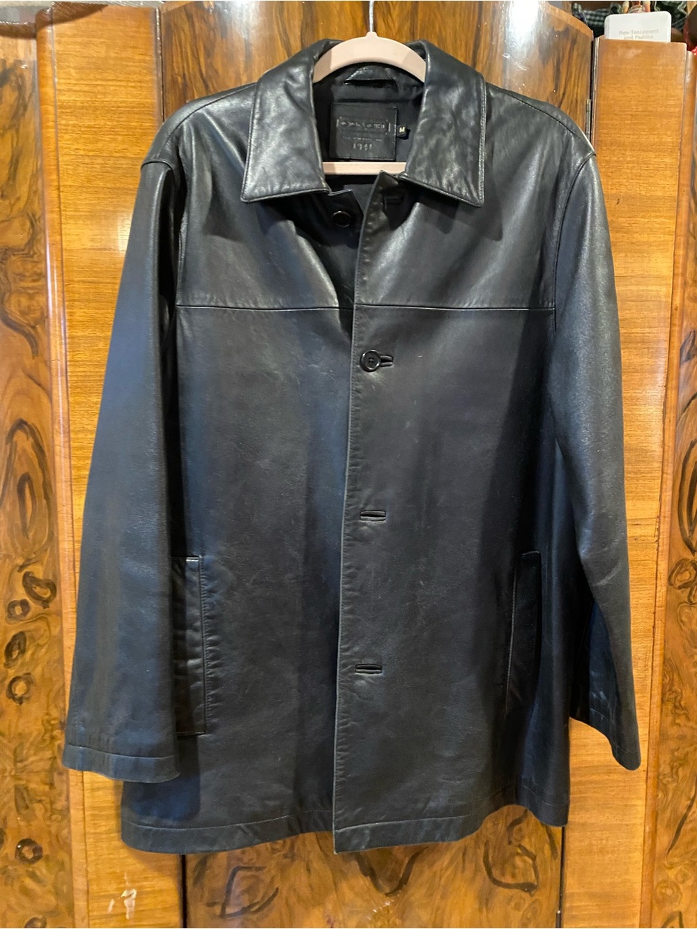 Men's Coach Black Leather Button-Front Coat- Medium